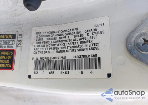 2012 Honda Civic Lx z USA, uszkodzony, nr VIN 2HGFG3B58CH532887